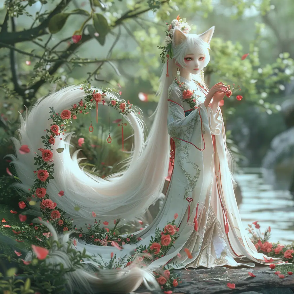fox doll fairy dress garden 3D tail white