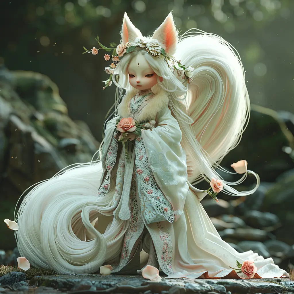 white fox doll fairy dress tail 3D garden