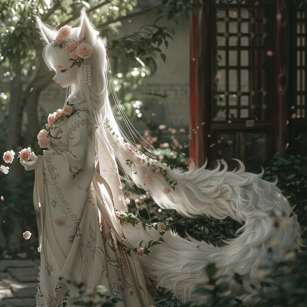 fox doll white fairy dress tail garden 3D