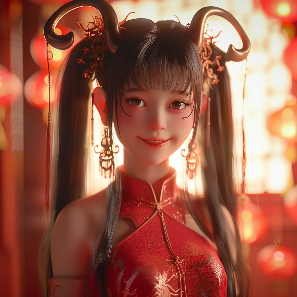 girl Chinese dragon horn cute smile happily