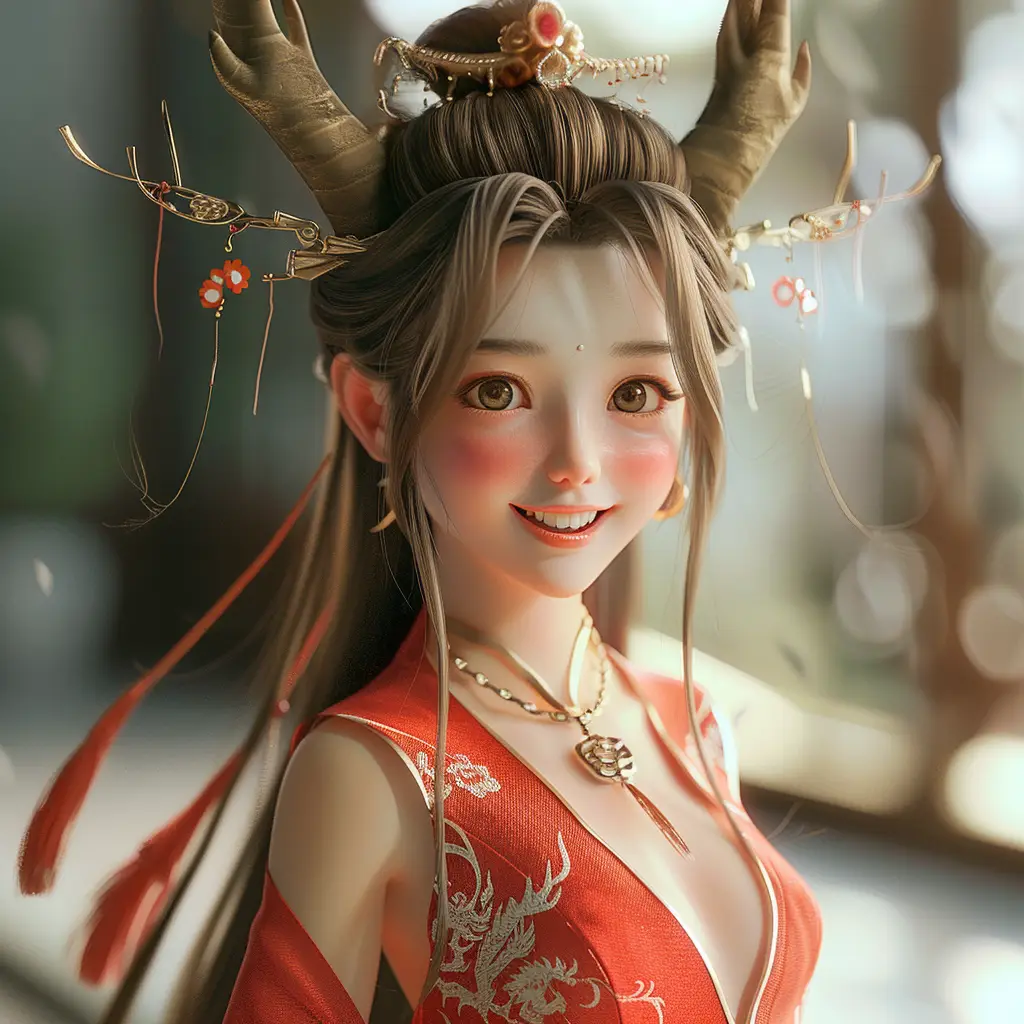 girl Chinese dragon horn smile cute happily