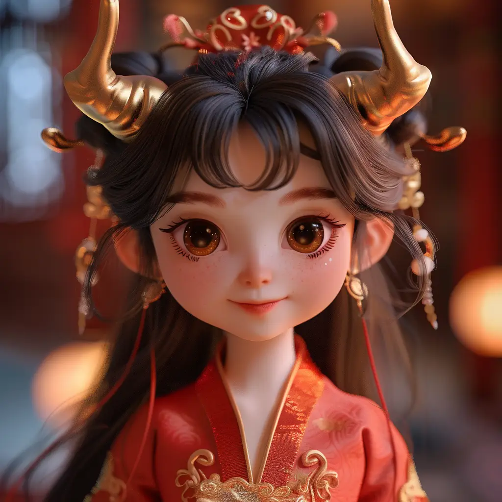 girl doll red Chinese dragon horn smile cute happily