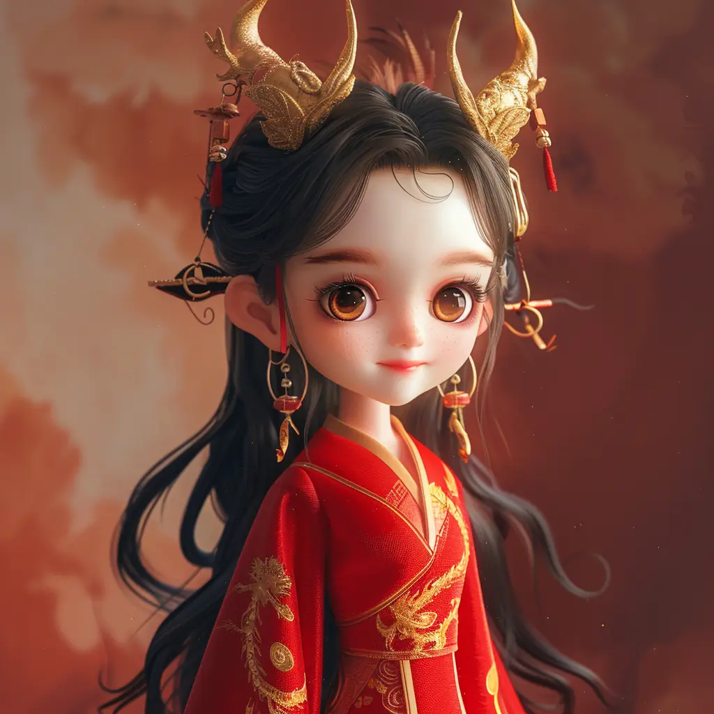 girl doll red Chinese dragon horn smile happily cute
