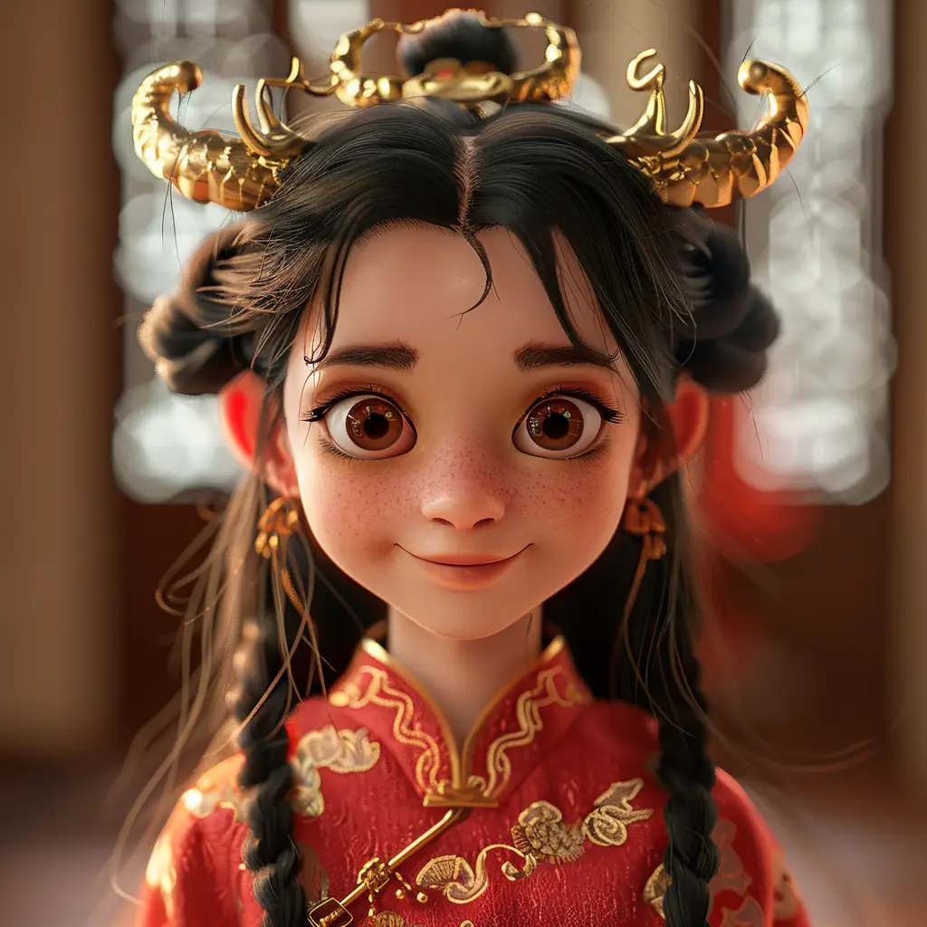 girl doll red horn Chinese dragon smile happily cute