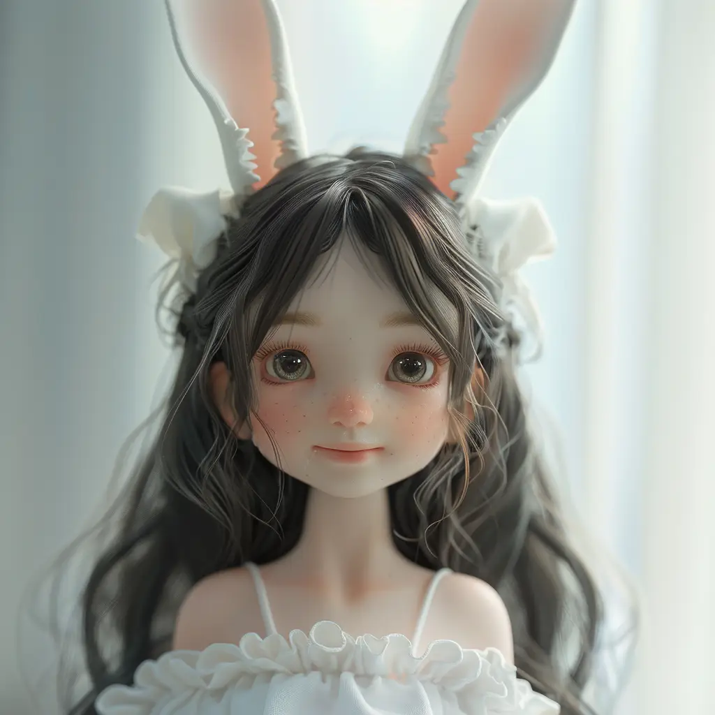 girl woman doll rabbit ear smile happily cute