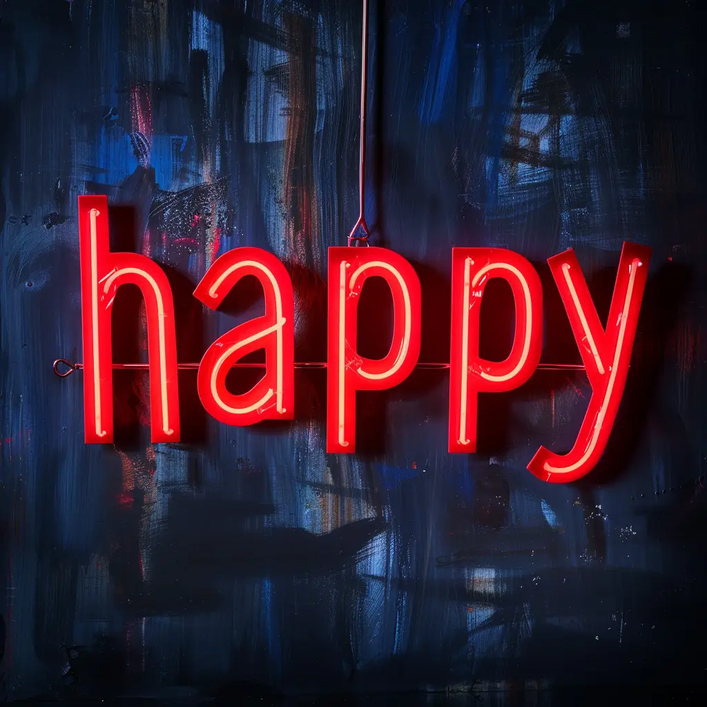 happy red LED neon light text letter word