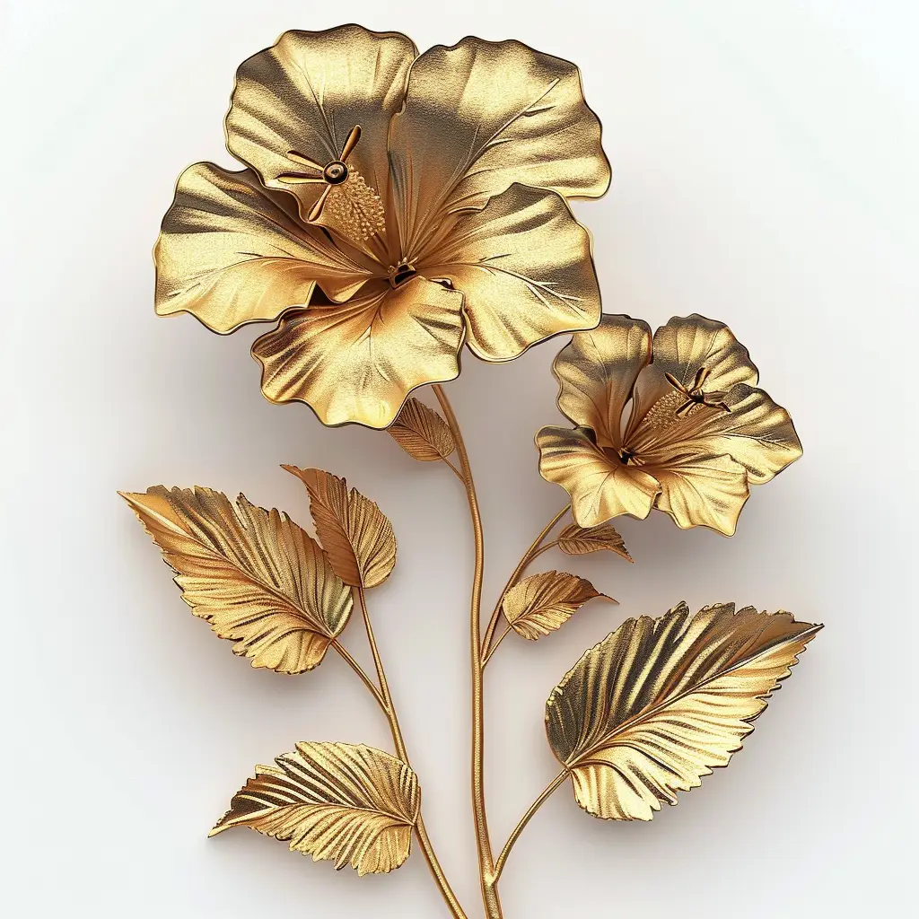 hibiscus gold golden metal 3D flower leaves leaf