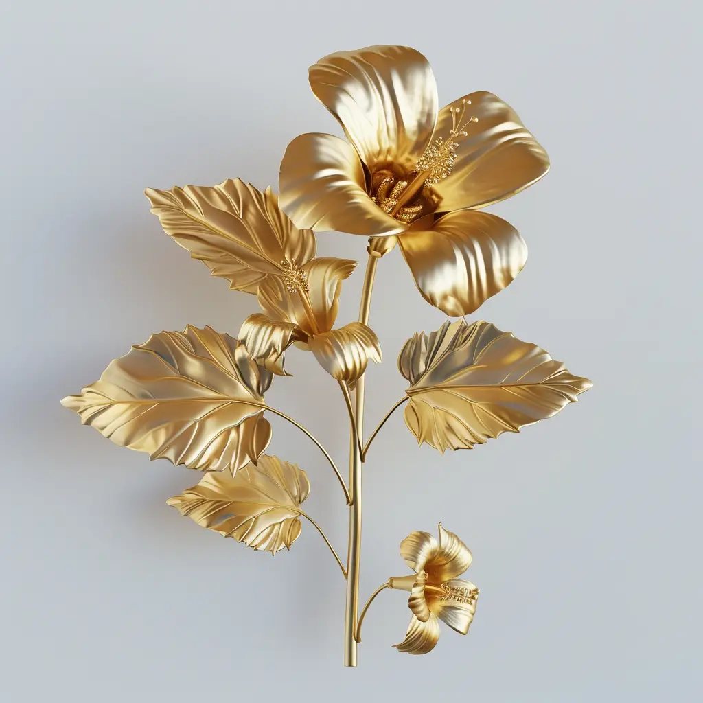 hibiscus gold golden metal flower leaves leaf 3D