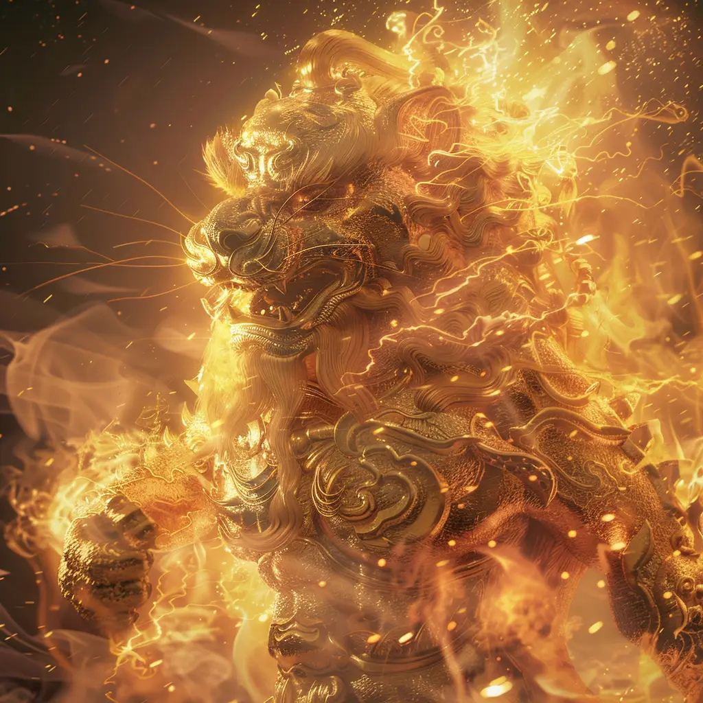 lion fire lighting gold golden CG 3D