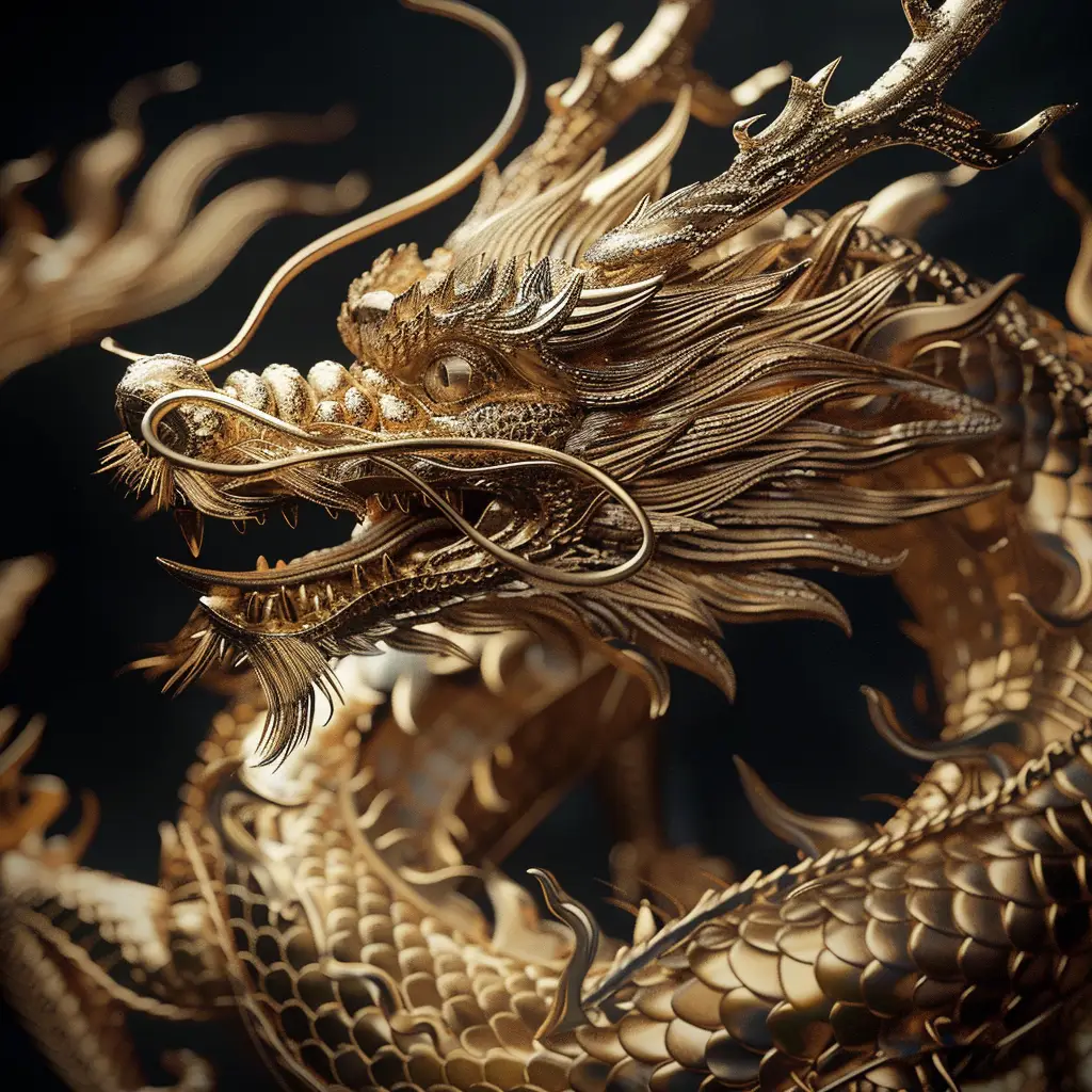 loong Chinese dragon gold golden 3D pattern sculpture