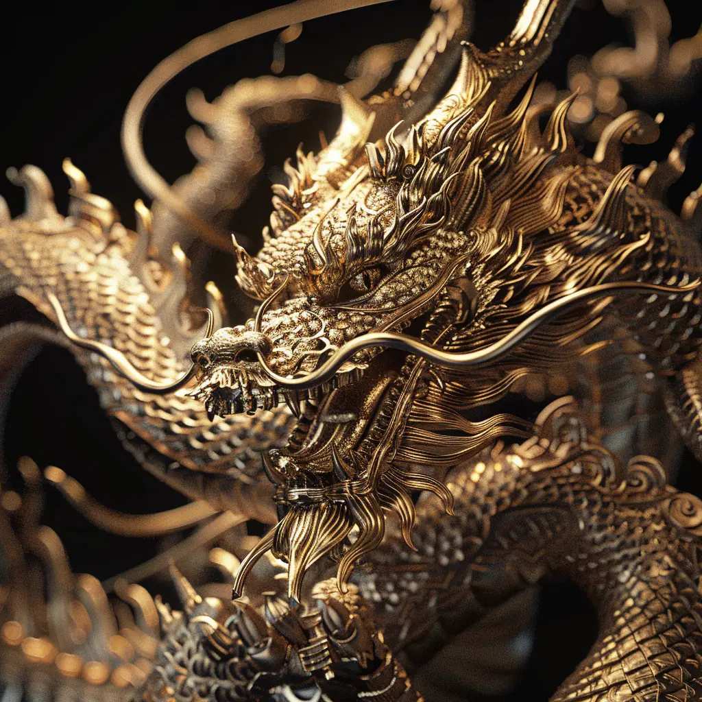 loong Chinese dragon gold golden sculpture 3D pattern