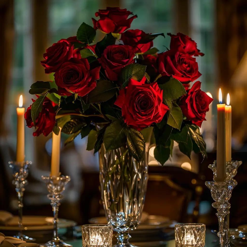 love bouquet flower red crystal vase candle romantic dinner photography