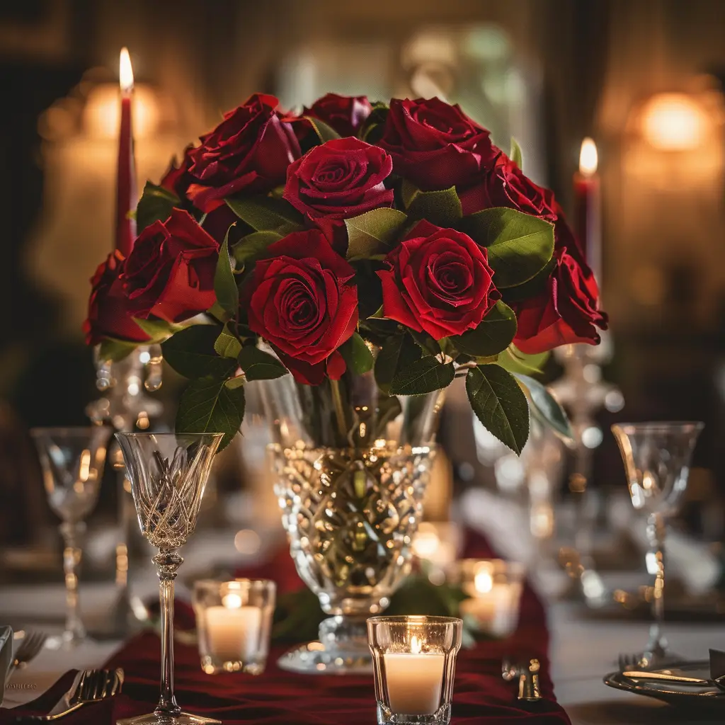 love bouquet flower red crystal vase dinner romantic candle photography