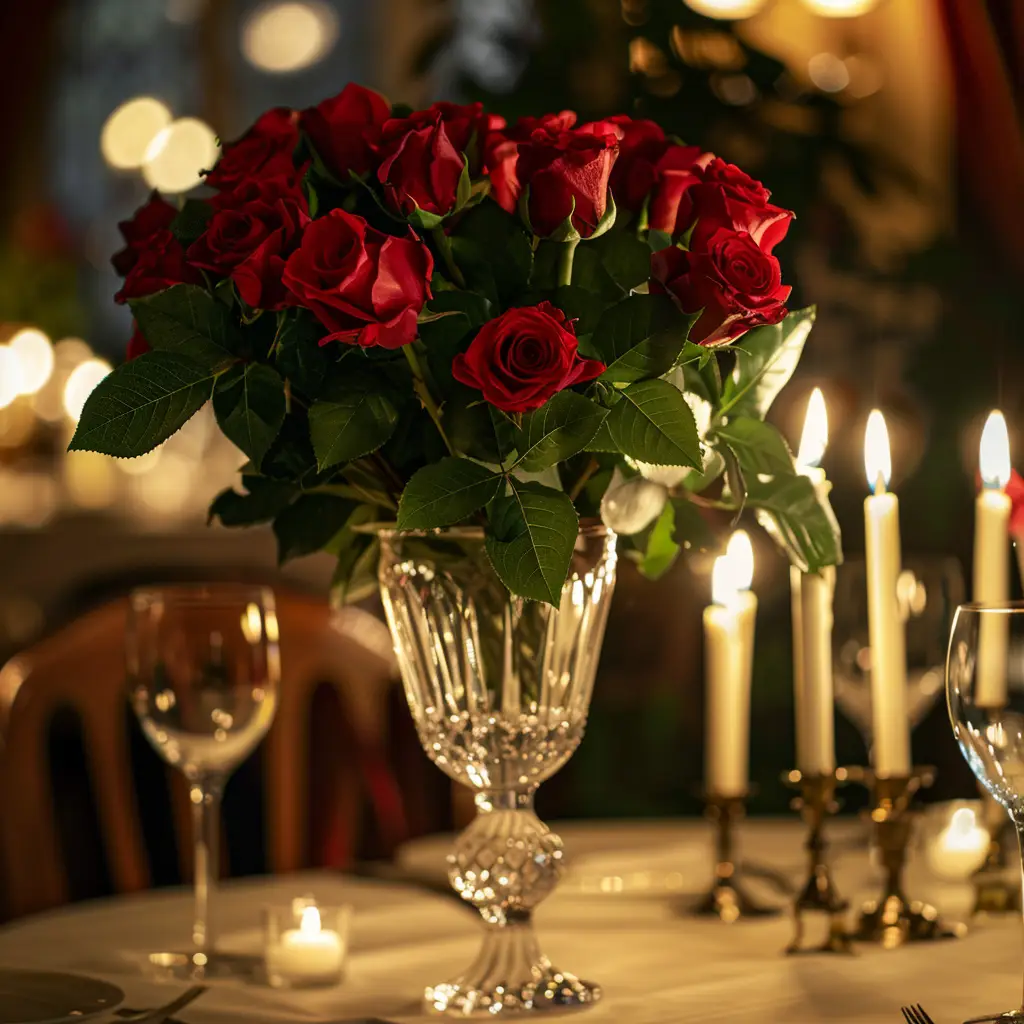 love bouquet flower red crystal vase romantic candle dinner photography
