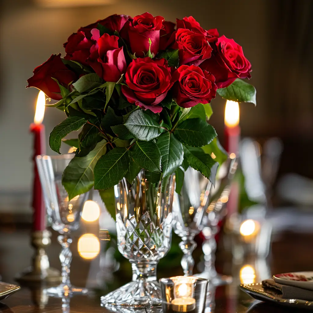 love bouquet flower red crystal vase romantic dinner candle photography