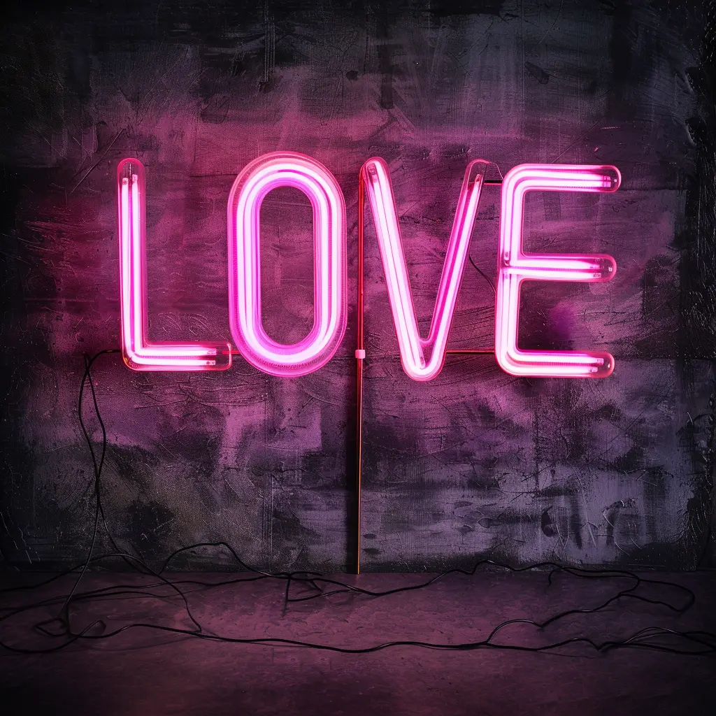 love pink LED light neon text word letter