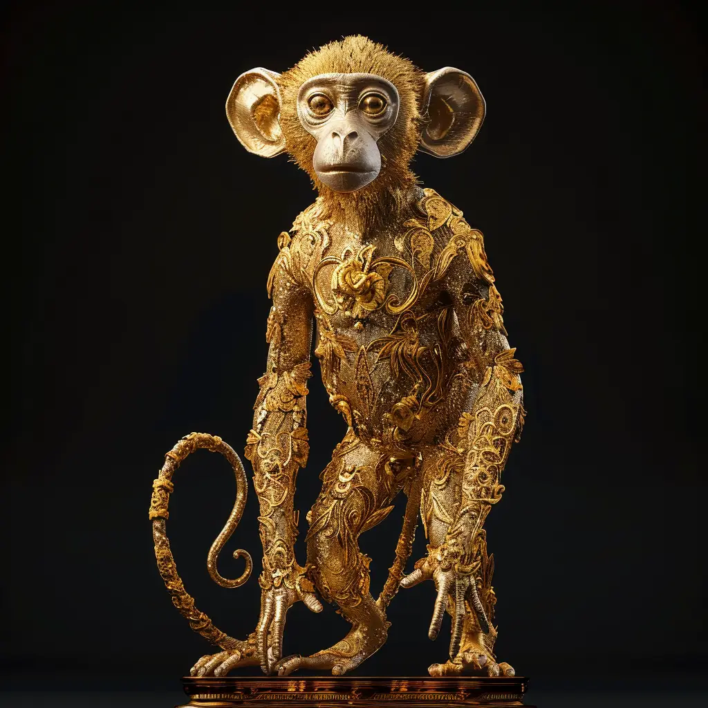 monkey gold golden 3D pattern sculpture