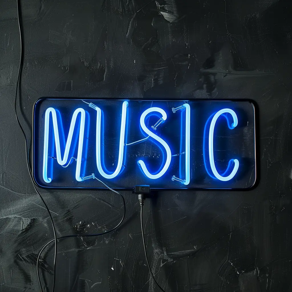 music blue LED light neon word text letter
