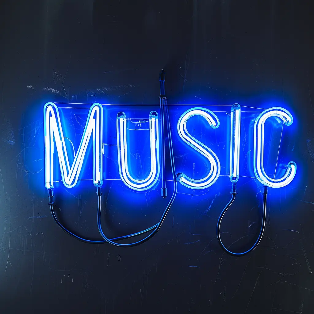 music blue LED neon light word text letter