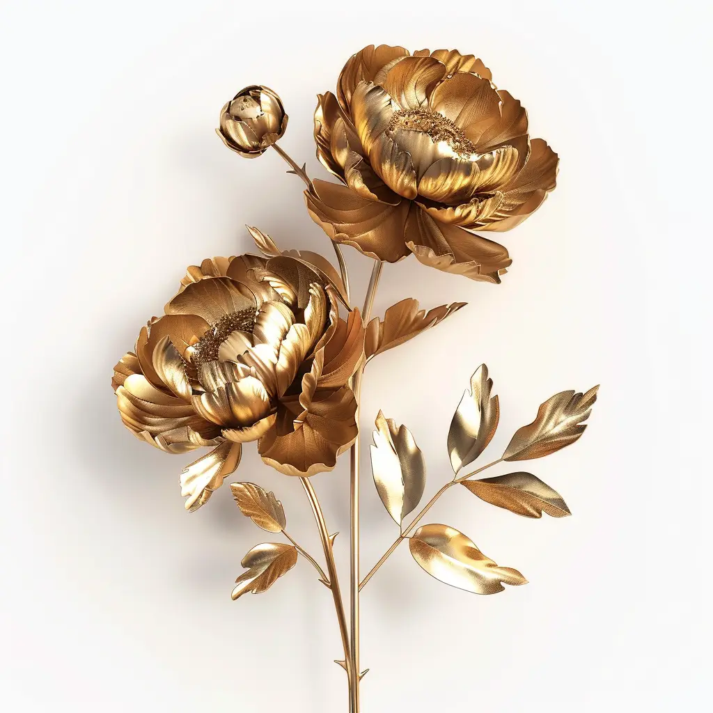 peony gold golden metal flower 3D leaves leaf