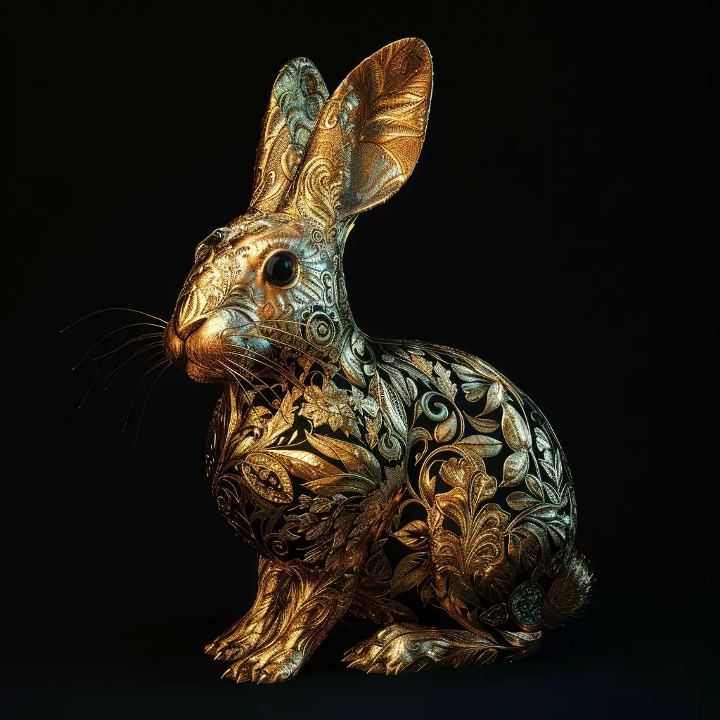 rabbit hare gold golden 3D pattern sculpture