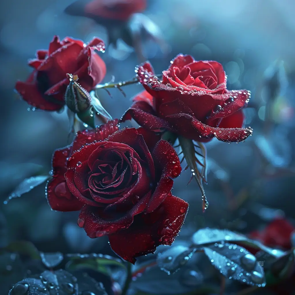 rose blue dewdrop petal froze ice dark photography