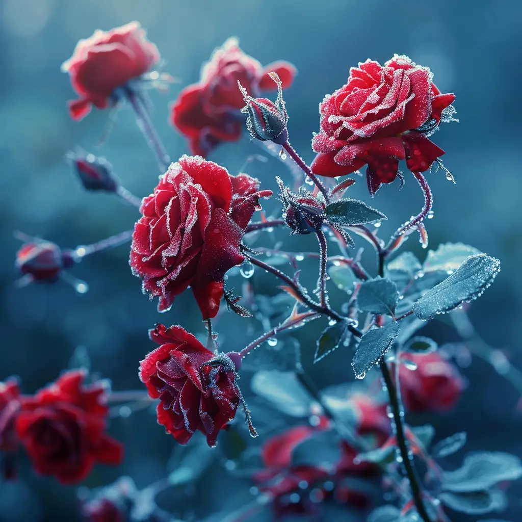 rose dewdrop petal froze ice dark fog photography