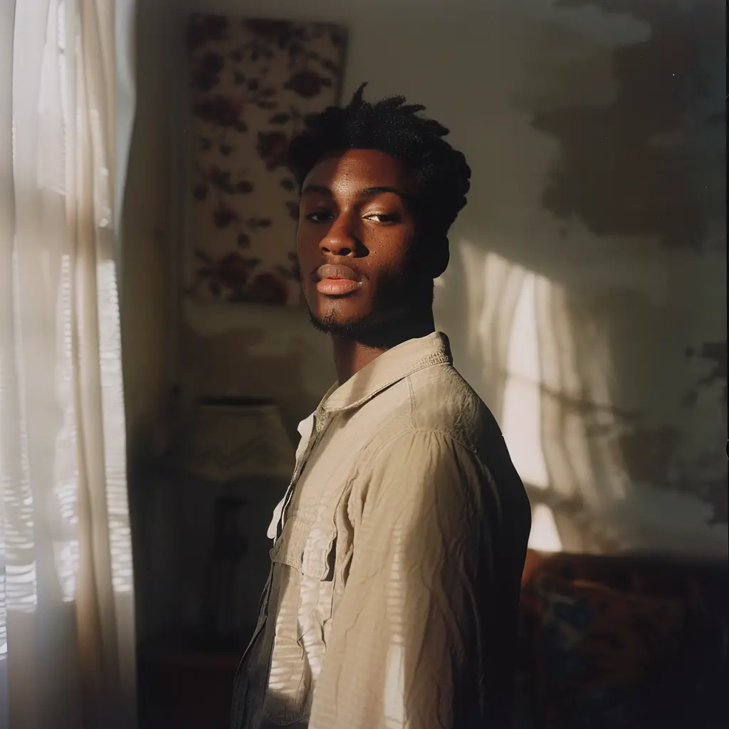 African male man light sunshine room photography portrait