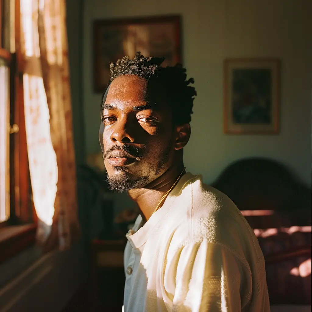 African male man light sunshine room portrait photography