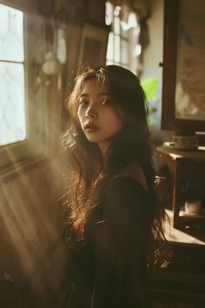 Asian girl sunshine light room photography portrait