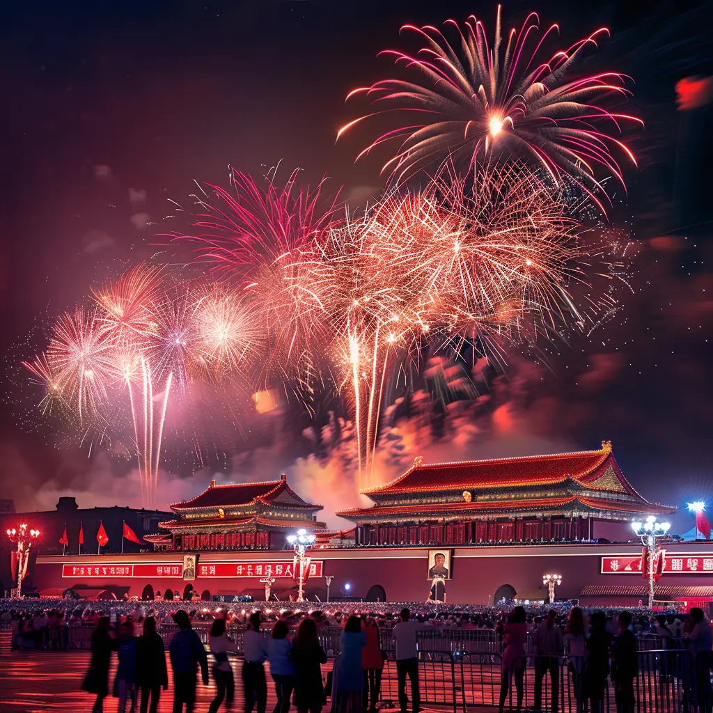 China red Chinese people night firework sky assembly Tiananmen-Square illustration landscape National Day oil painting