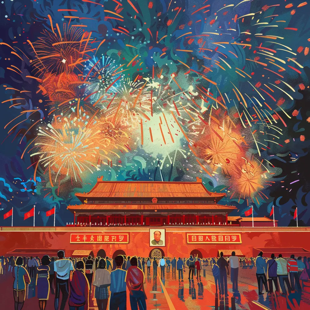 China red Chinese people night firework sky assembly Tiananmen-Square illustration landscape oil painting National Day