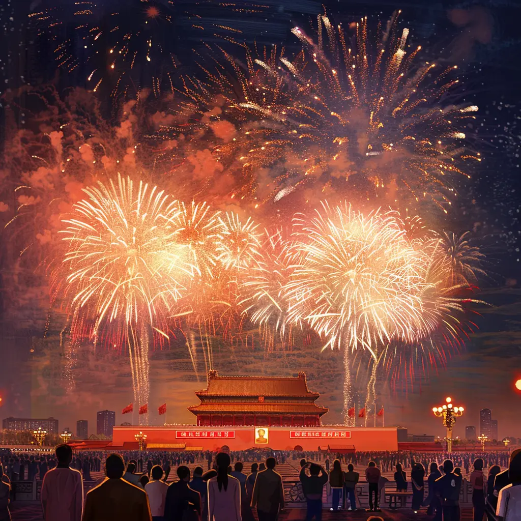 China red Chinese people night firework sky assembly Tiananmen-Square landscape oil painting National Day illustration
