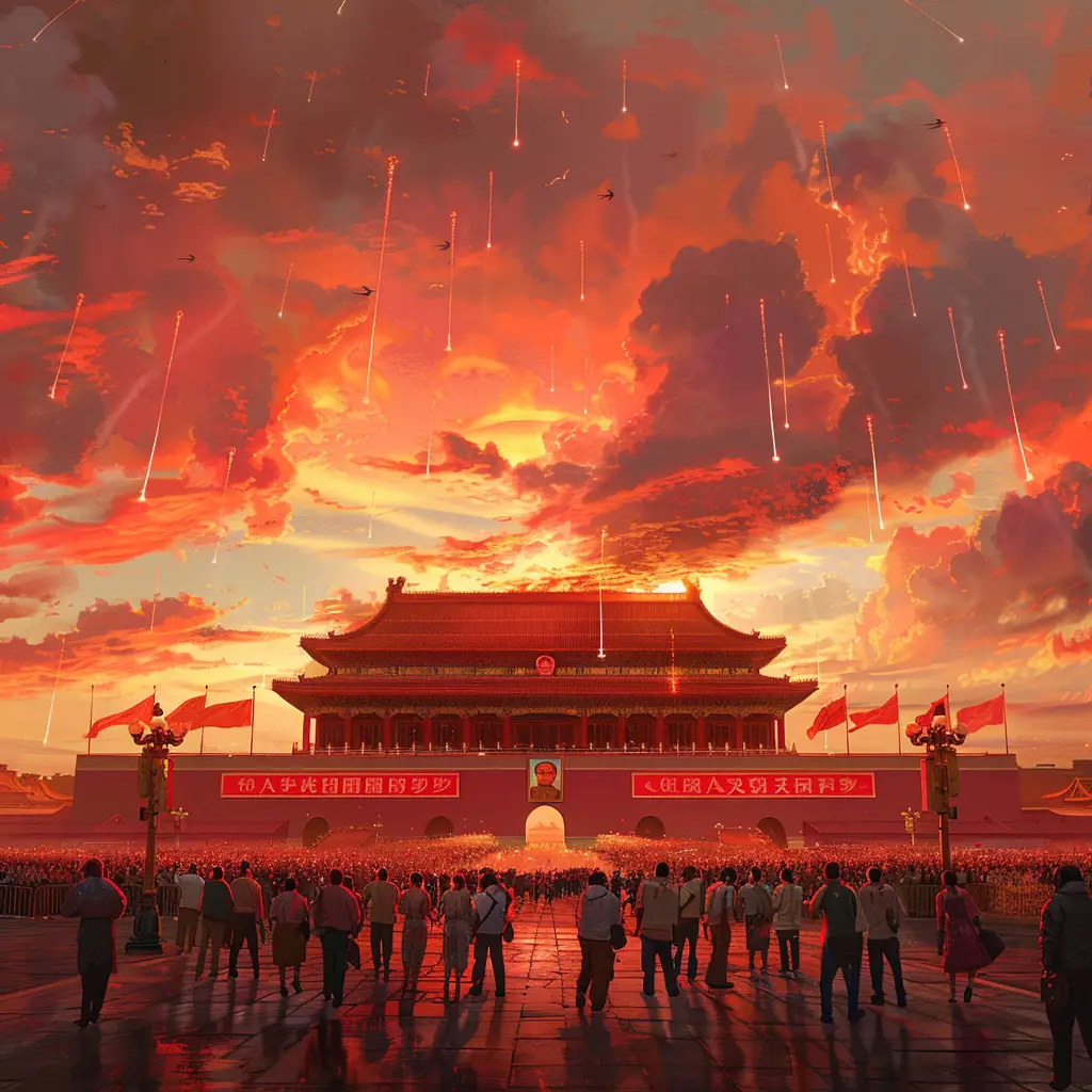 China red Chinese people sky assembly Tiananmen-Square illustration landscape National Day oil painting