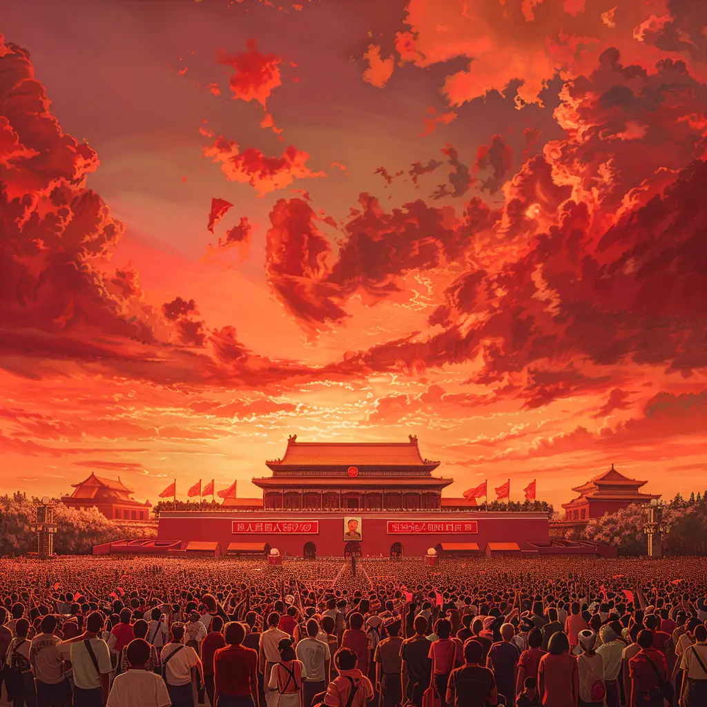 China red Chinese people sky assembly Tiananmen-Square illustration landscape oil painting National Day