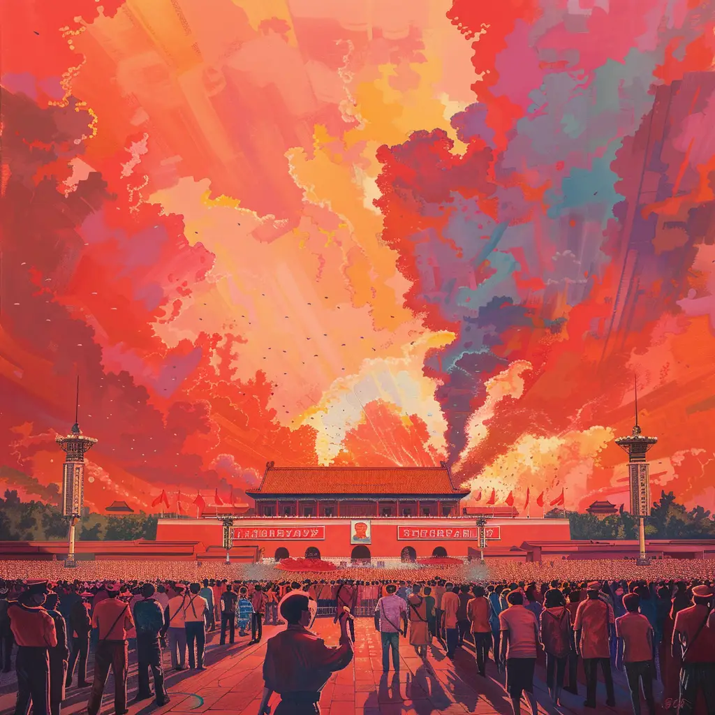 China red Chinese sky people assembly Tiananmen-Square illustration landscape National Day oil painting