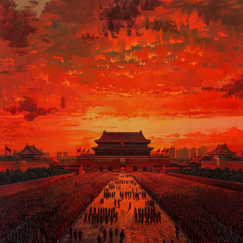 China red Chinese sky people assembly Tiananmen-Square illustration landscape oil painting National Day