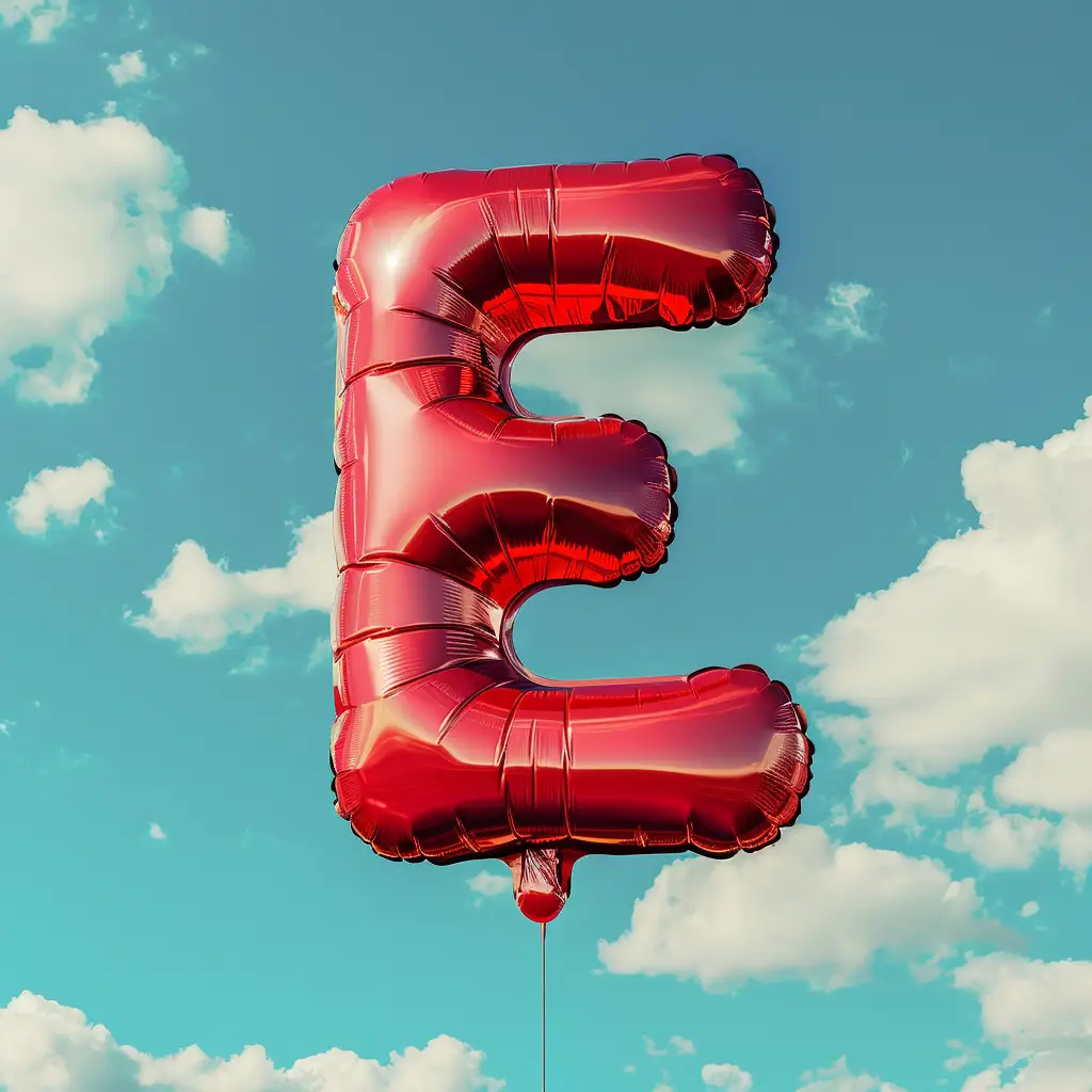 E letter red balloon sky cloud 3D