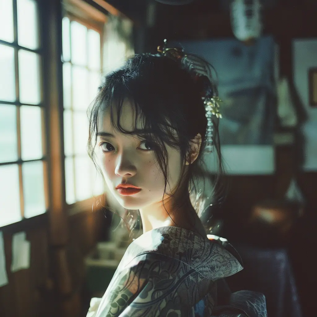 Japanese geisha woman lady light sunshine room photography portrait