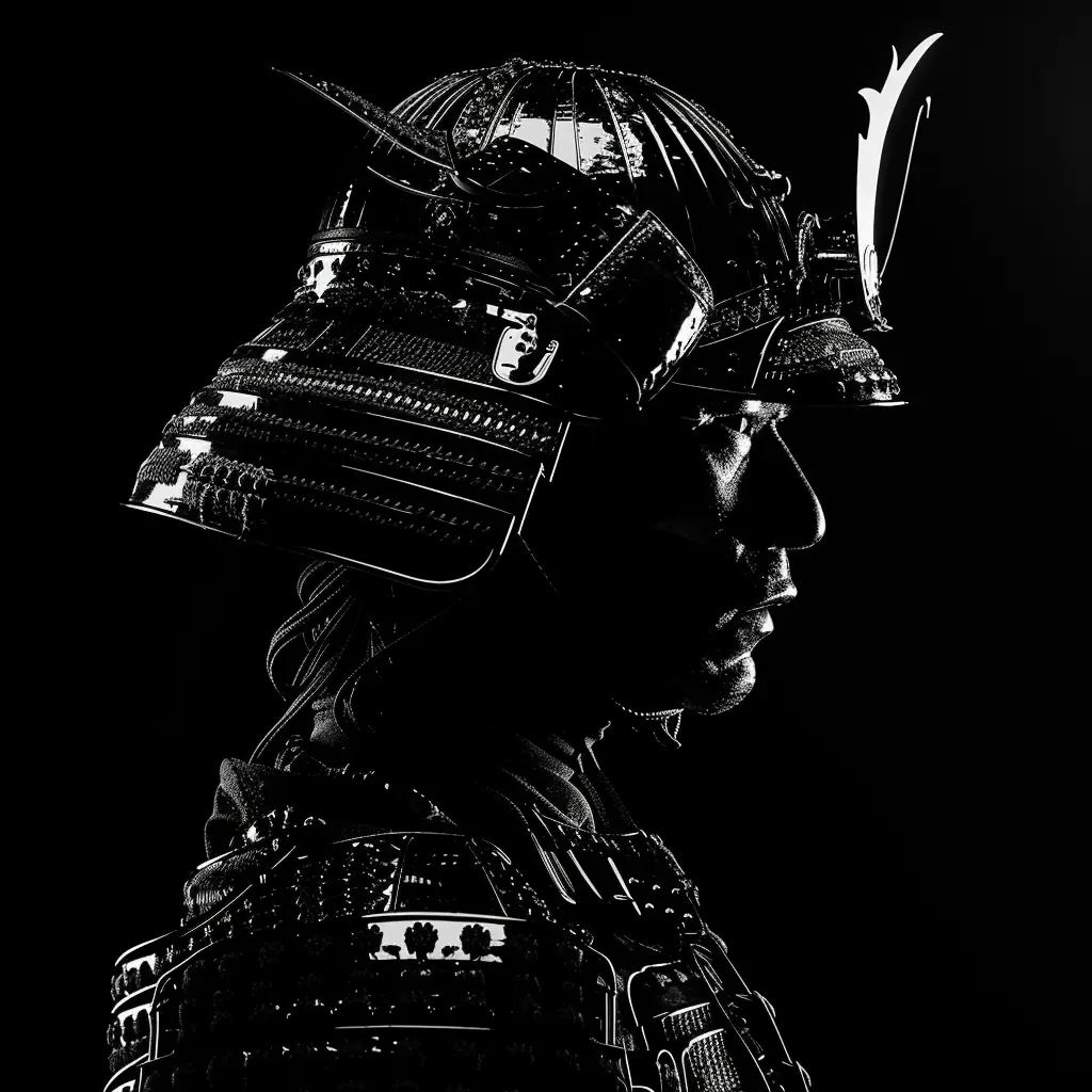 Japanese samurai helmet black white light face head silhouette mysterious photography