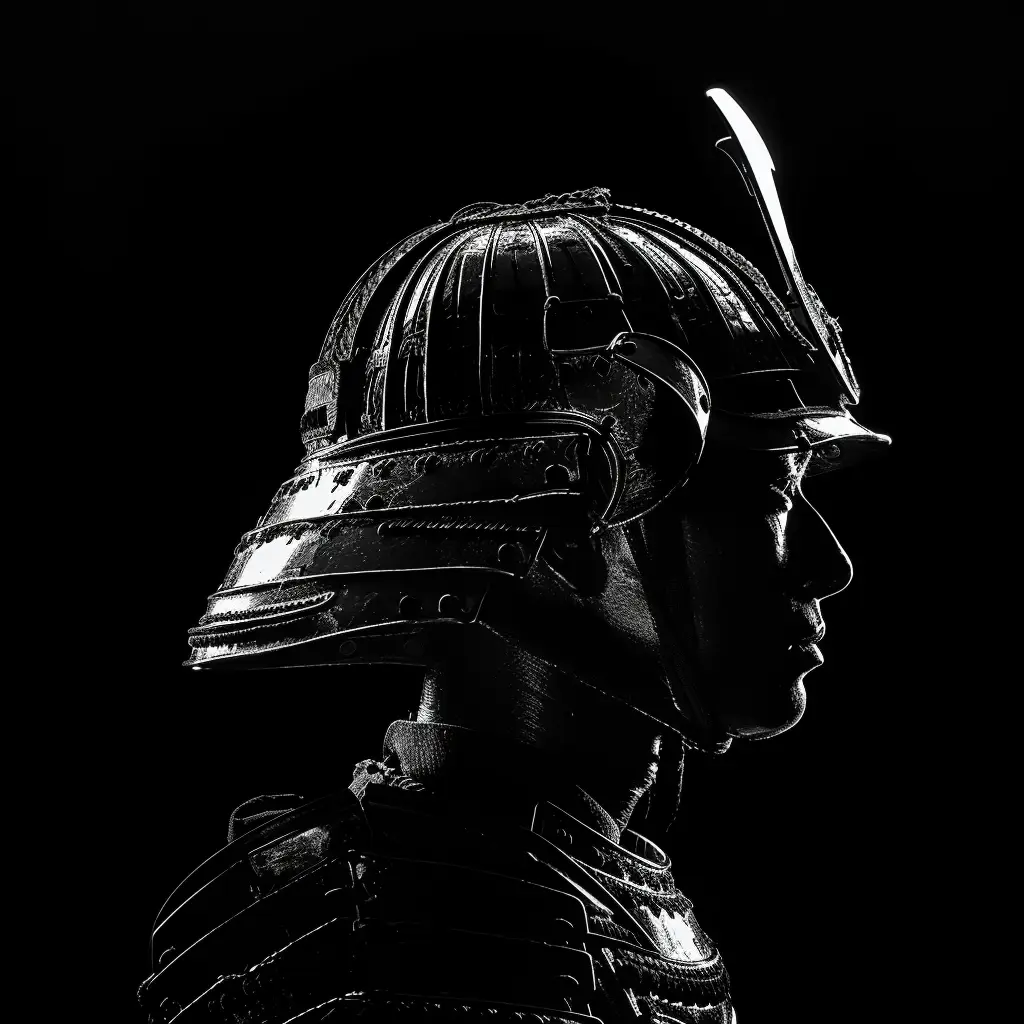 Japanese samurai helmet black white light head face silhouette mysterious photography