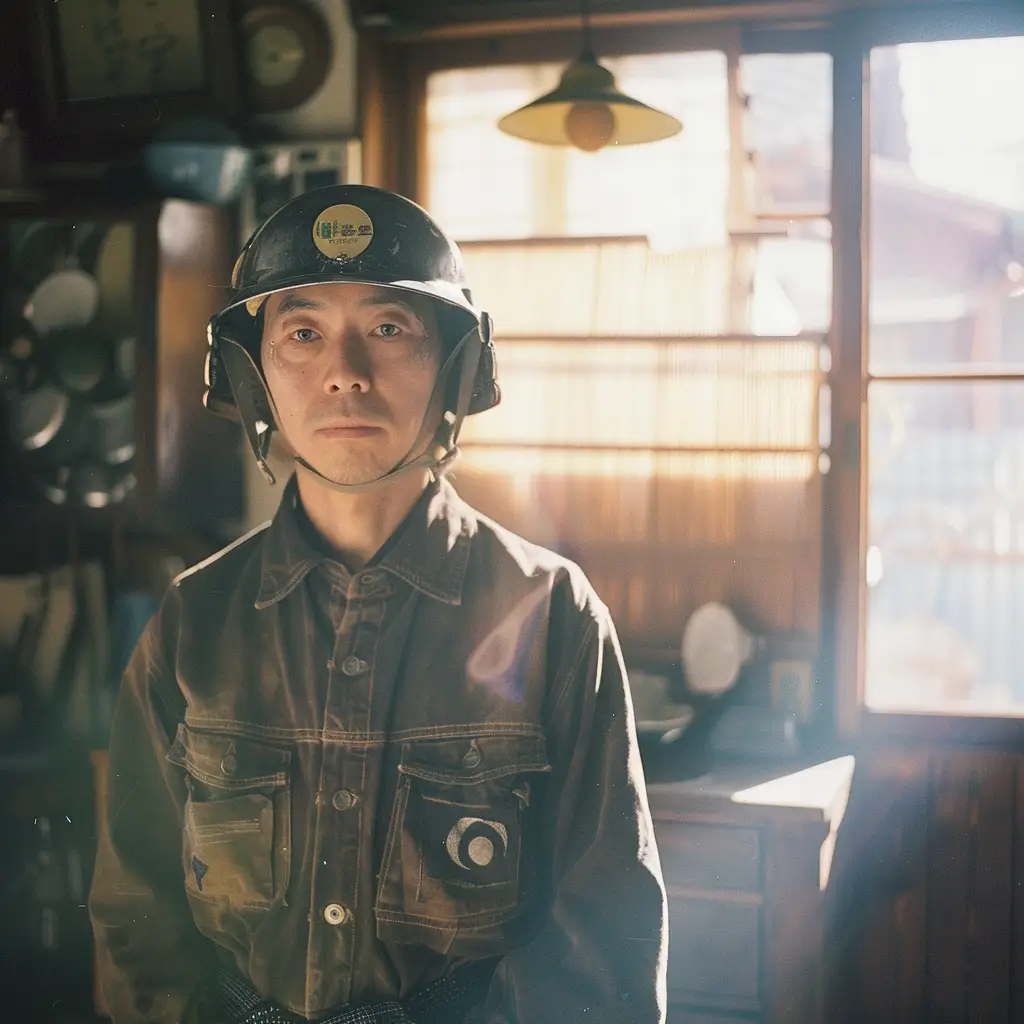 Japanese samurai warrior man helmet light sunshine room photography portrait