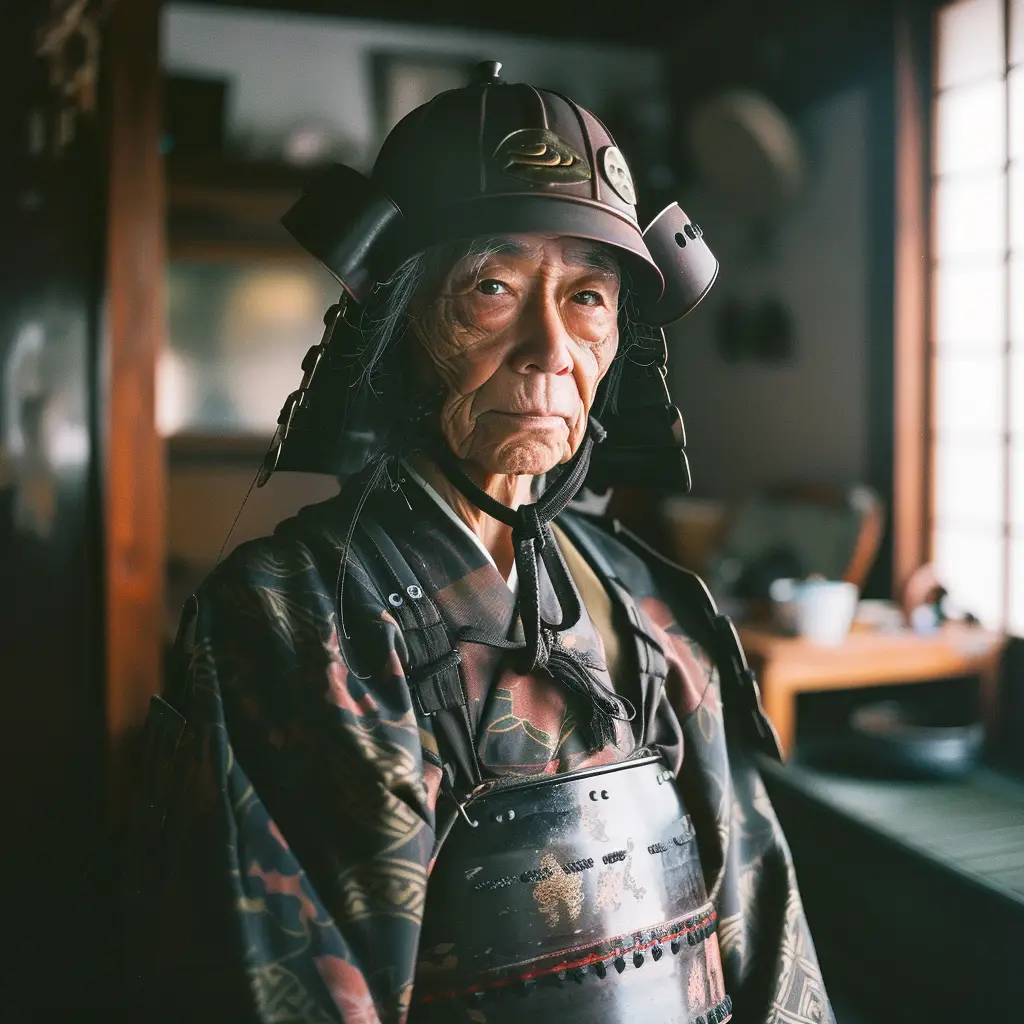 Japanese samurai warrior man helmet light sunshine room portrait photography