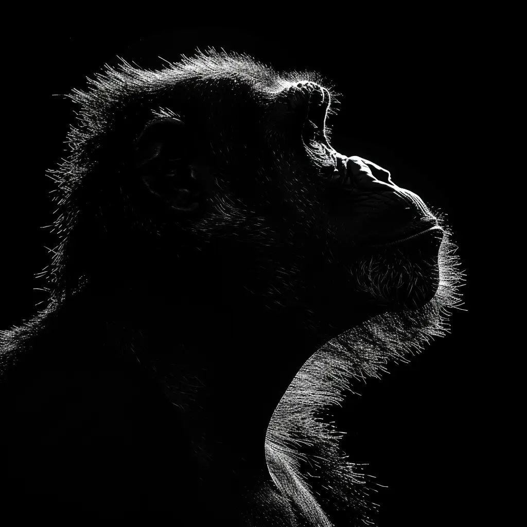 ape monkey black white light face head mysterious silhouette photography