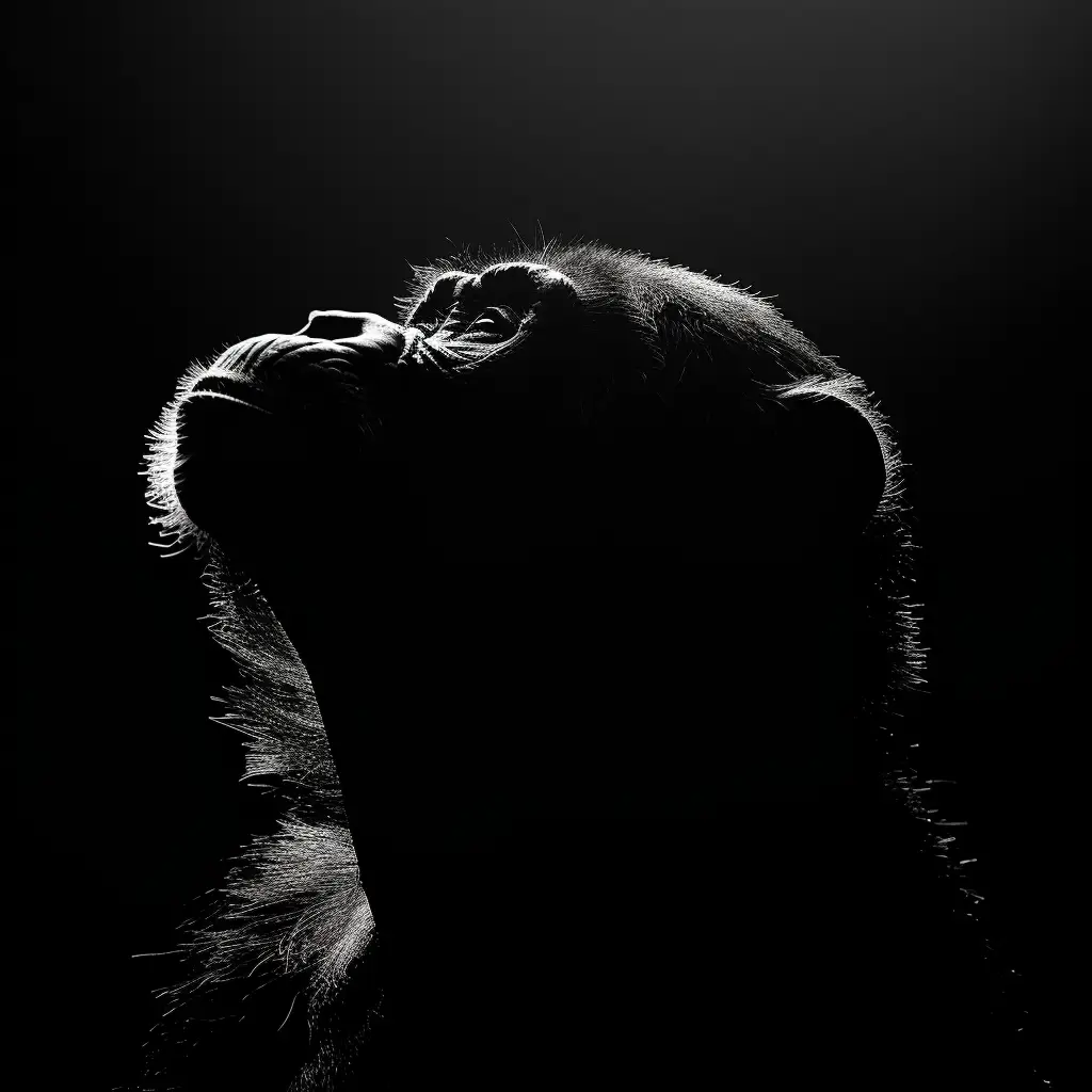 ape monkey black white light face head silhouette mysterious photography