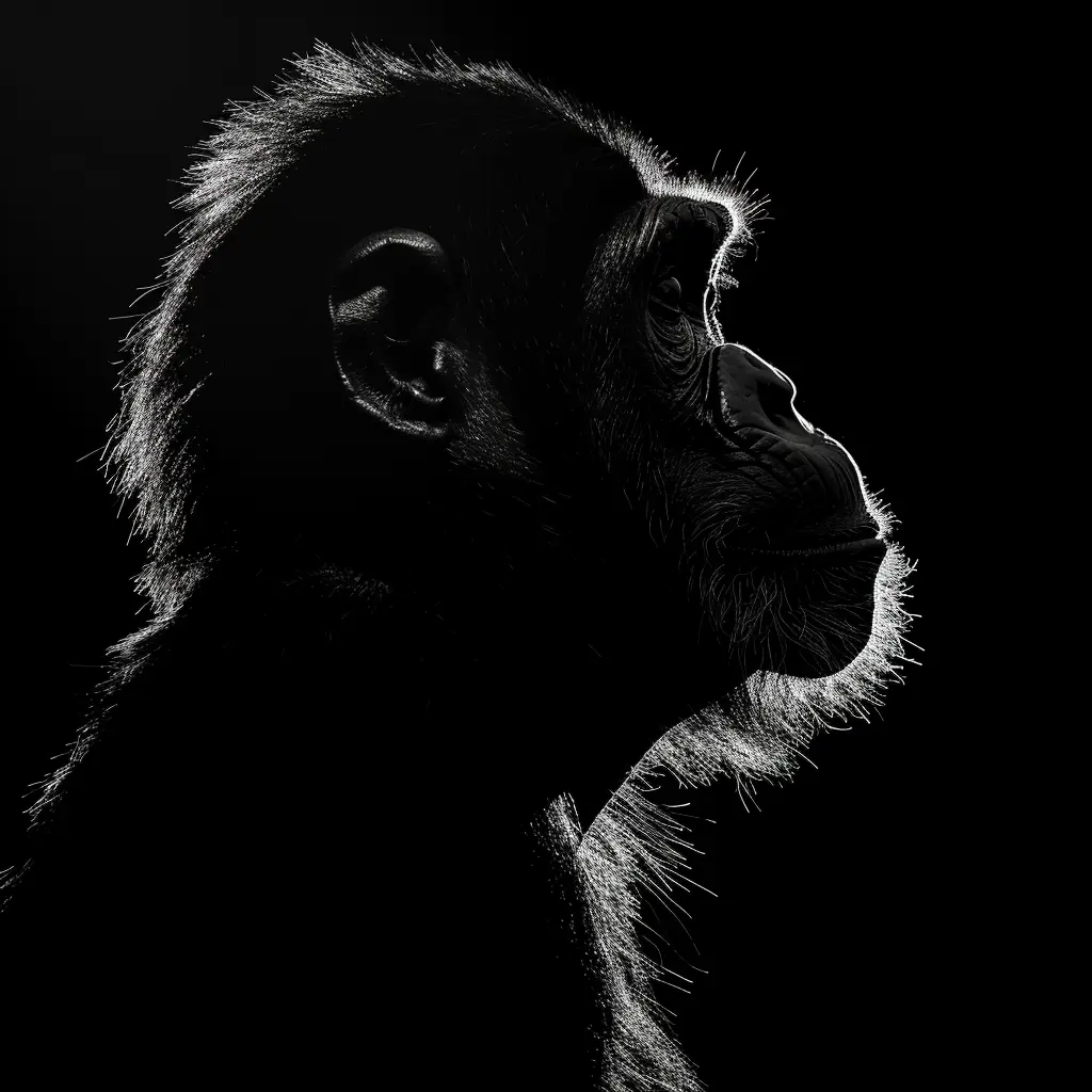 ape monkey black white light head face silhouette mysterious photography