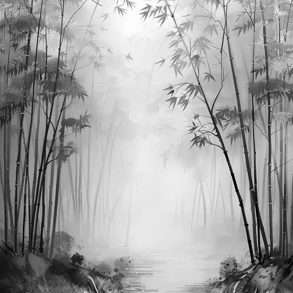 bamboo forest misty Chinese black and white ink wash water painting
