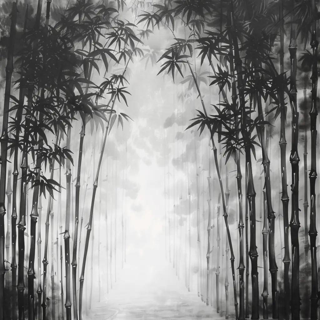 bamboo forest misty Chinese black and white ink water wash painting