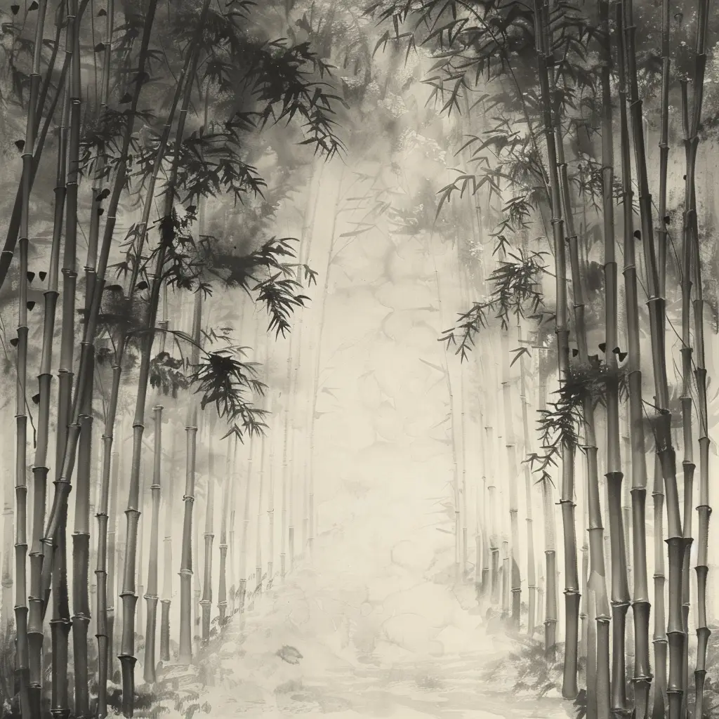 bamboo forest misty black and white Chinese ink wash water painting