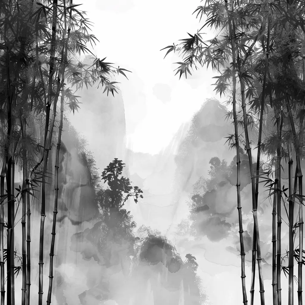 bamboo forest misty black and white Chinese ink water wash painting